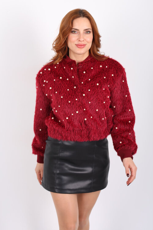 İnci Detaylı Suni Kürk Bordo Kadın Bomber Ceket - 6