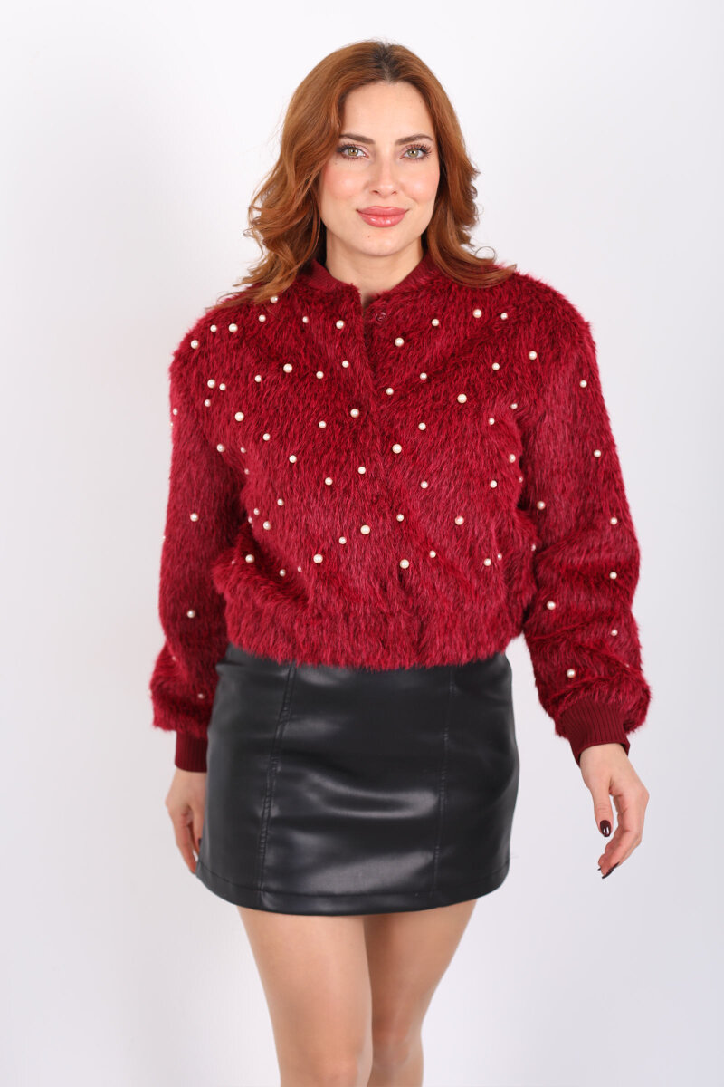 İnci Detaylı Suni Kürk Bordo Kadın Bomber Ceket - 6