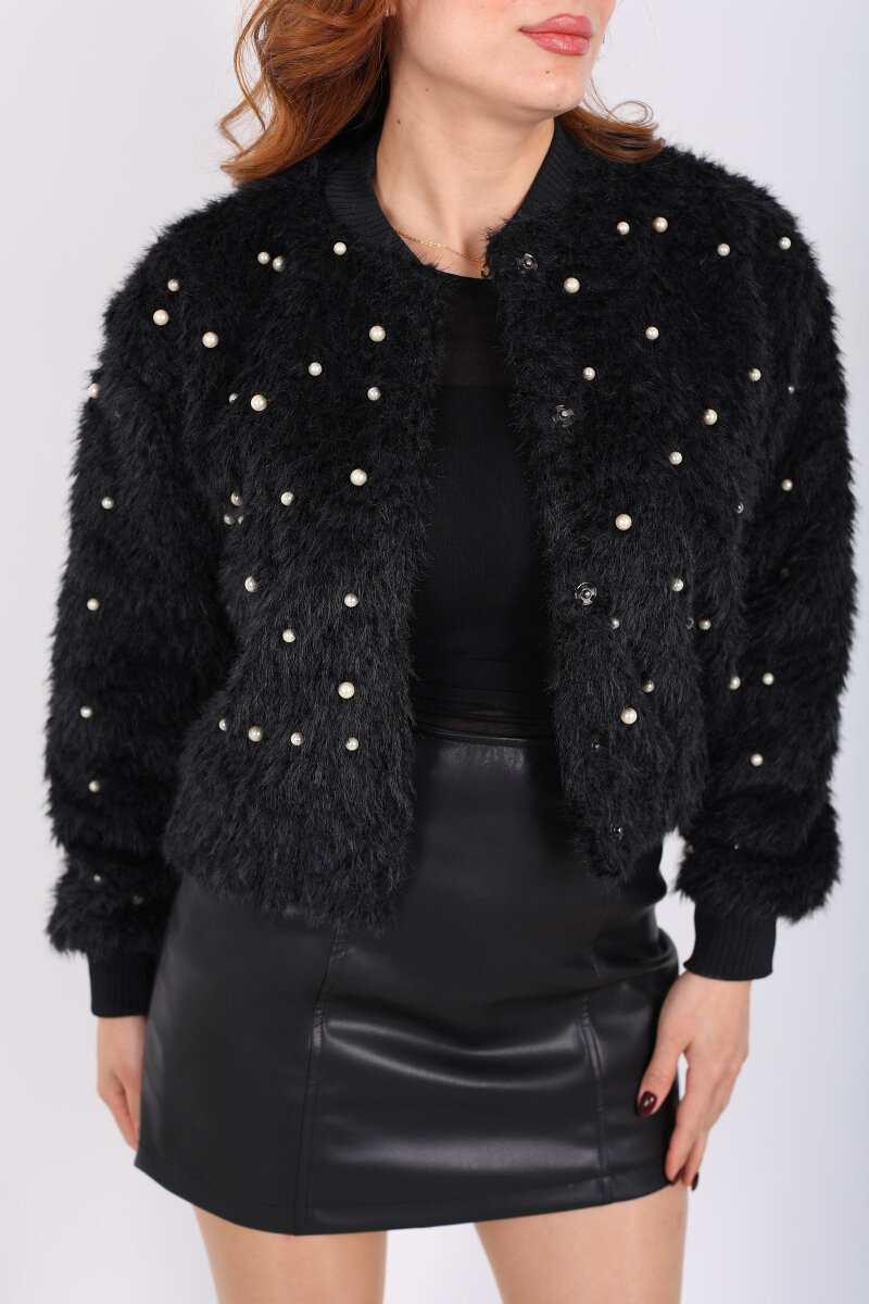 İnci Detaylı Suni Kürk Siyah Kadın Bomber Ceket - 2