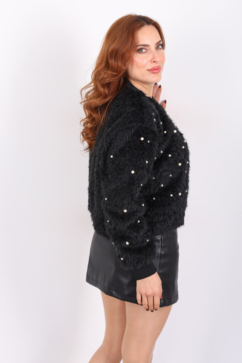 İnci Detaylı Suni Kürk Siyah Kadın Bomber Ceket - 5
