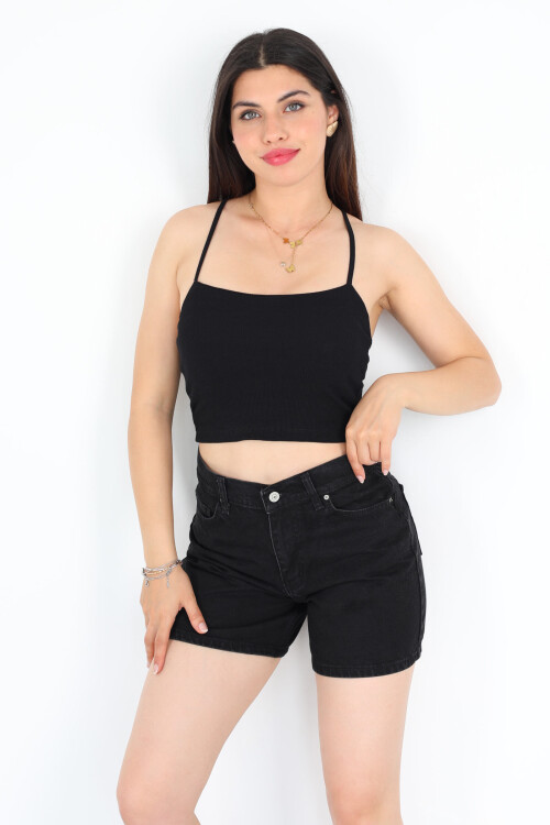 İp Askılı Kaşkorse Siyah Kadın Crop 