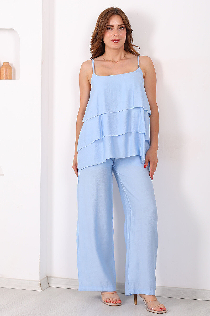 İp Askılı Kat Kat Bluz - Pantolon Bebe Mavi Kadın Takım - 3