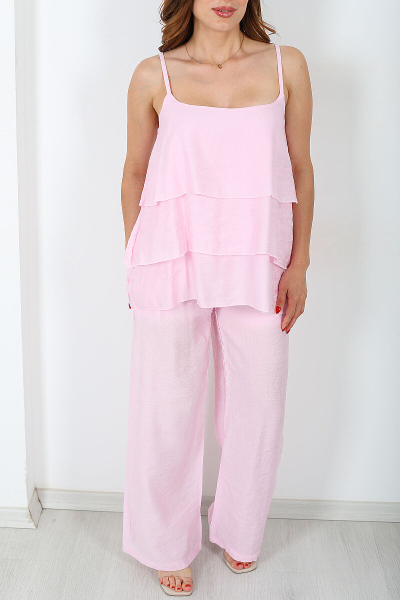İp Askılı Kat Kat Bluz - Pantolon Pembe Kadın Takım - 2
