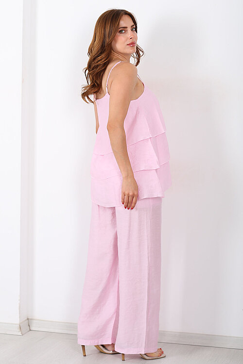 İp Askılı Kat Kat Bluz - Pantolon Pembe Kadın Takım - 4
