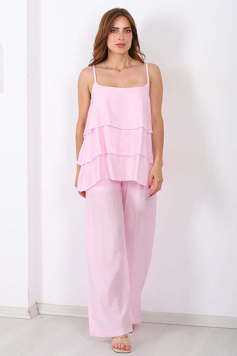 İp Askılı Kat Kat Bluz - Pantolon Pembe Kadın Takım - 1