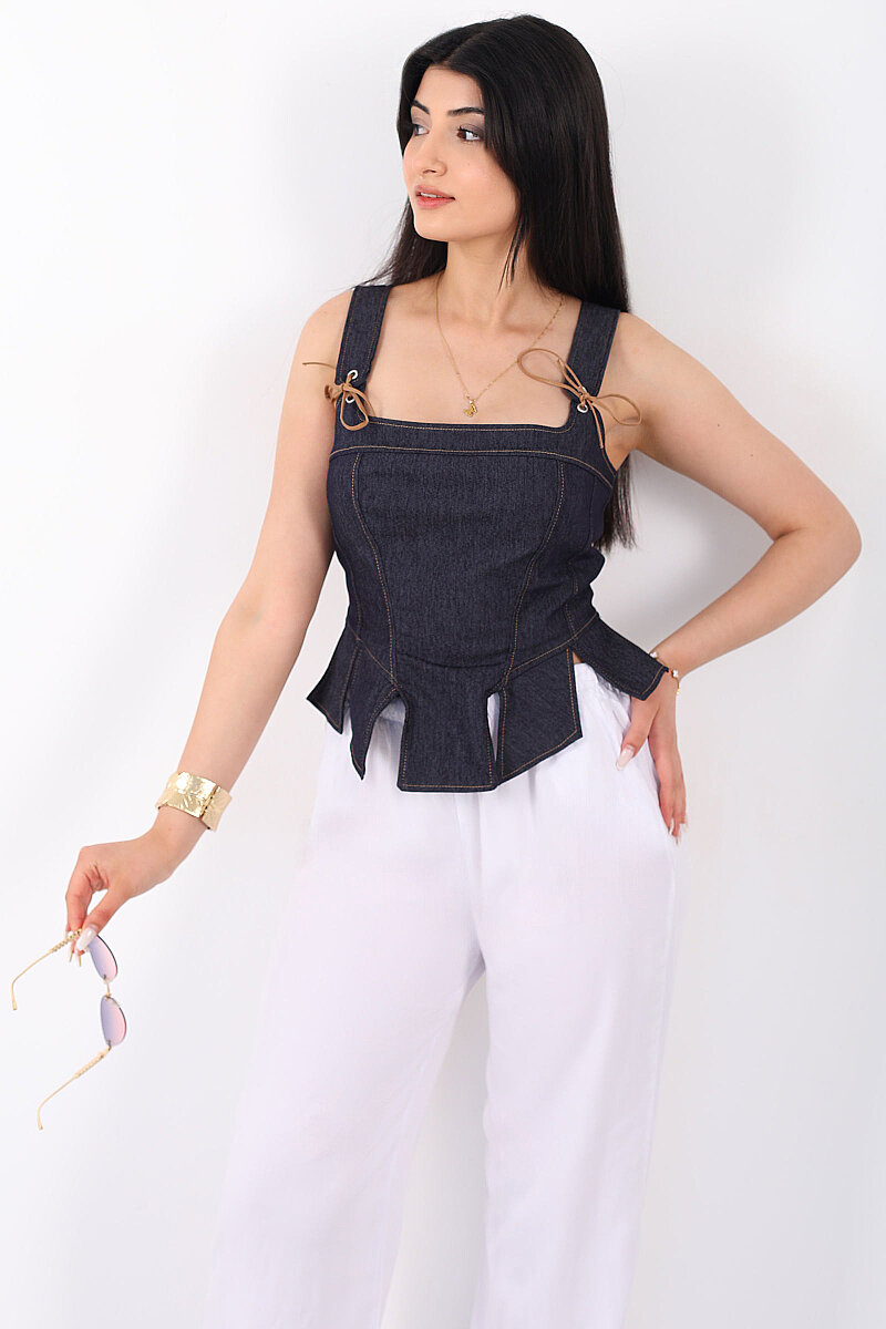 İp Detaylı Kadın Lacivert Denim Crop - 6