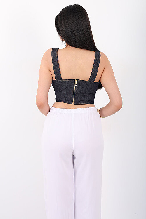 İp Detaylı Kadın Lacivert Denim Crop - 5