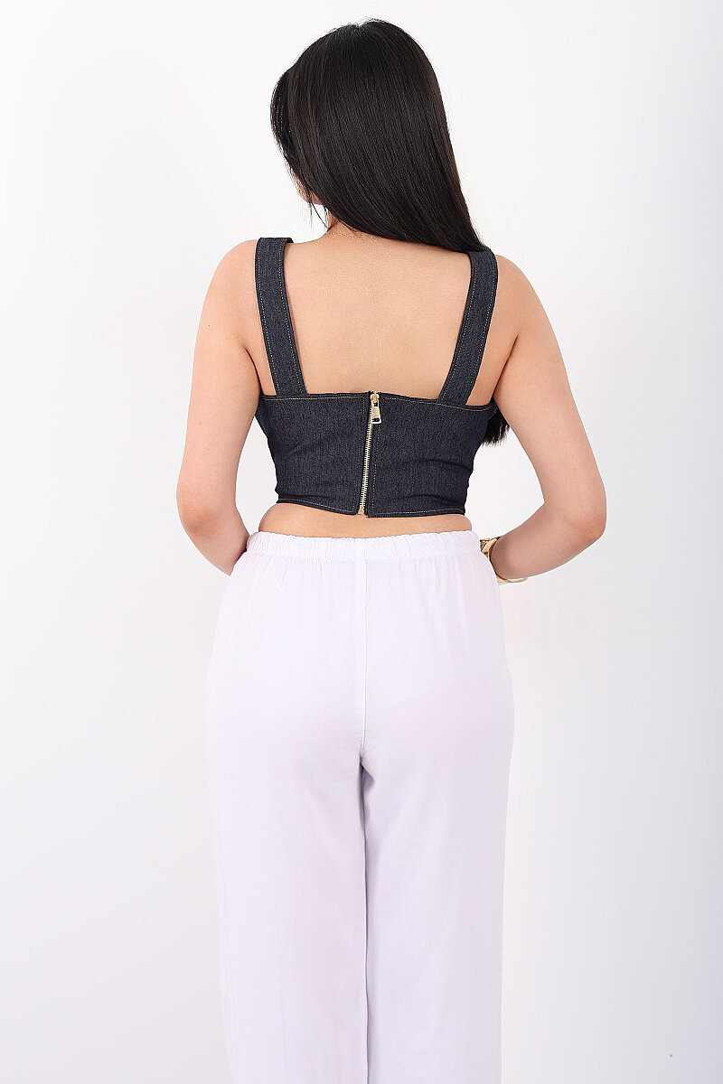 İp Detaylı Kadın Lacivert Denim Crop - 5