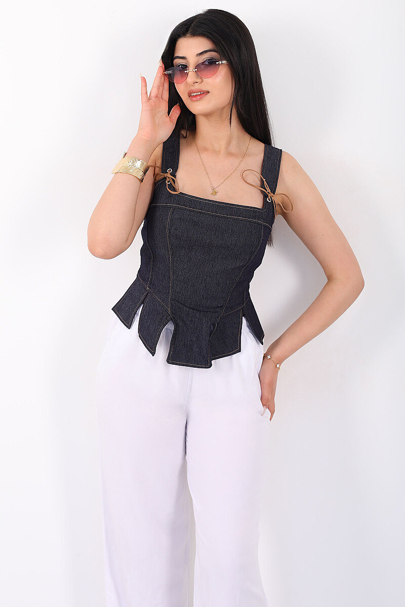 İp Detaylı Kadın Lacivert Denim Crop - 1