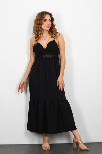 İşlemeli Askılı Siyah Kadın Midi Keten Elbise - Berox