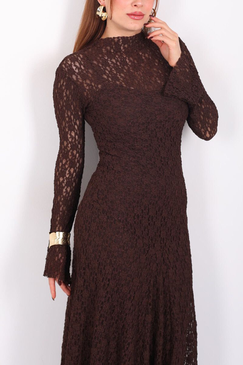İspanyol Kol Balık Model Acı Kahve Kadın Dantel Elbise - 2