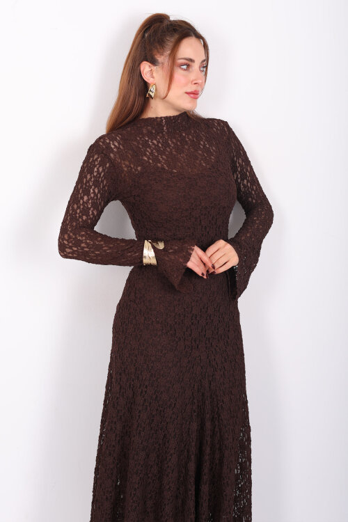 İspanyol Kol Balık Model Acı Kahve Kadın Dantel Elbise - 3