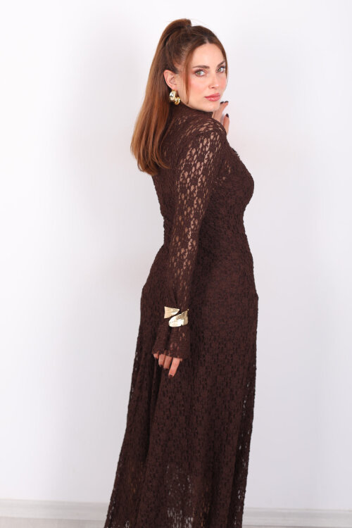 İspanyol Kol Balık Model Acı Kahve Kadın Dantel Elbise - 6