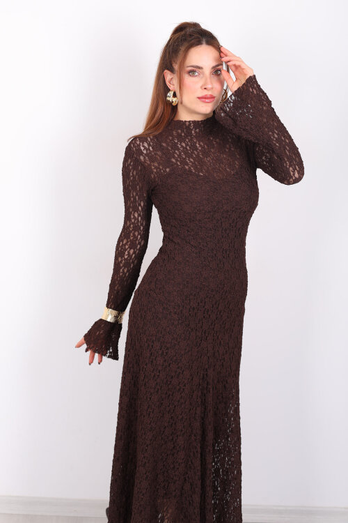 İspanyol Kol Balık Model Acı Kahve Kadın Dantel Elbise - Berox