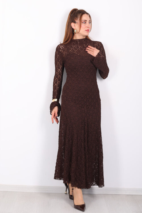 İspanyol Kol Balık Model Acı Kahve Kadın Dantel Elbise - 5