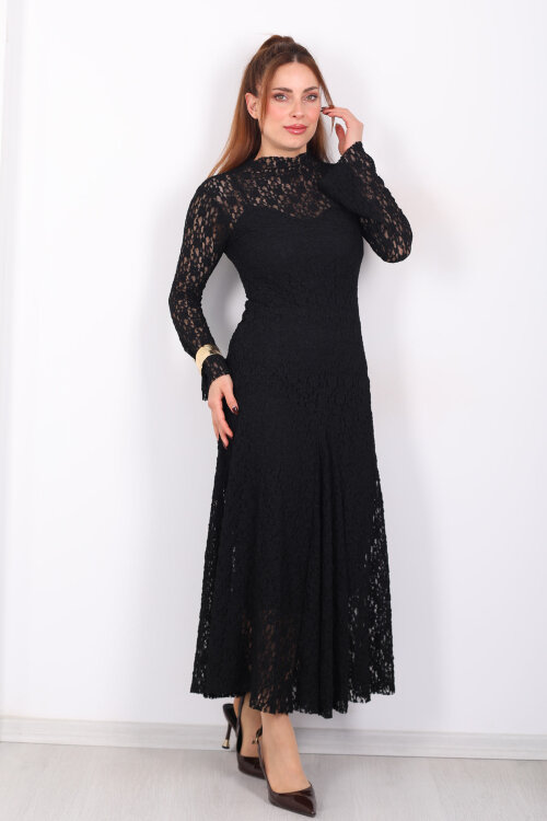 İspanyol Kol Balık Model Siyah Kadın Dantel Elbise - 3