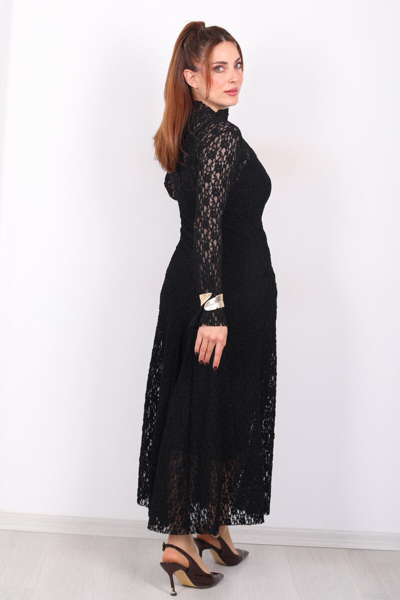 İspanyol Kol Balık Model Siyah Kadın Dantel Elbise - 6