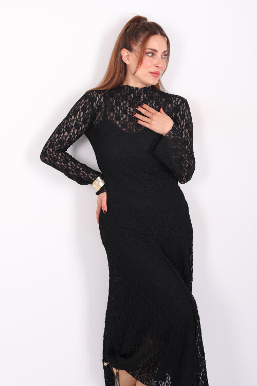 İspanyol Kol Balık Model Siyah Kadın Dantel Elbise - 5