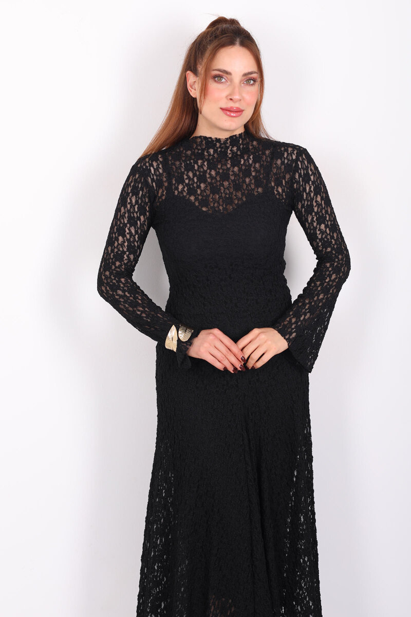 İspanyol Kol Balık Model Siyah Kadın Dantel Elbise - 1