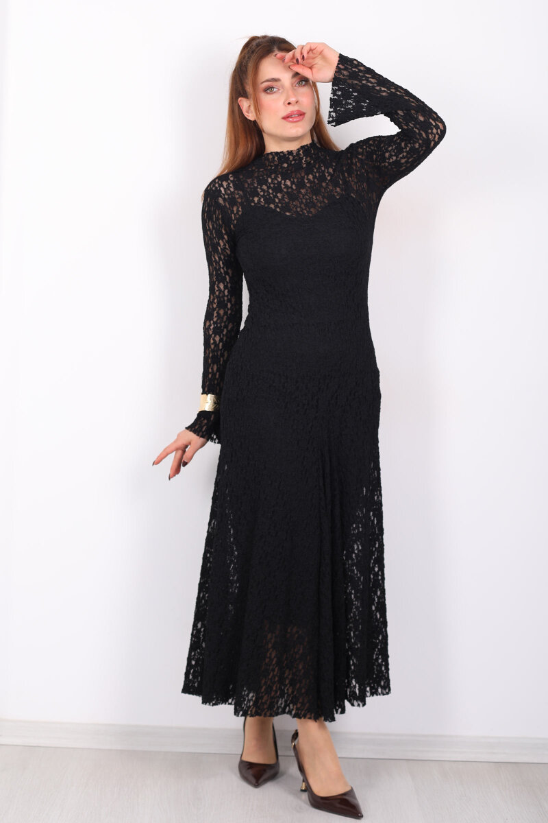 İspanyol Kol Balık Model Siyah Kadın Dantel Elbise - 7