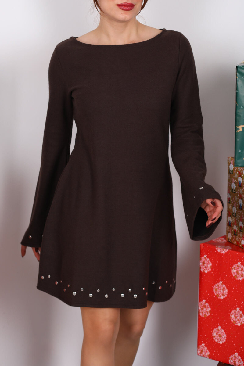 İspanyol Kol Taş Detaylı Acı Kahve Kadın Elbise - 2