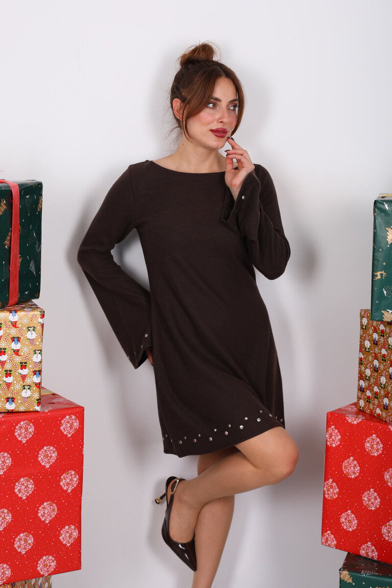 İspanyol Kol Taş Detaylı Acı Kahve Kadın Elbise - 1