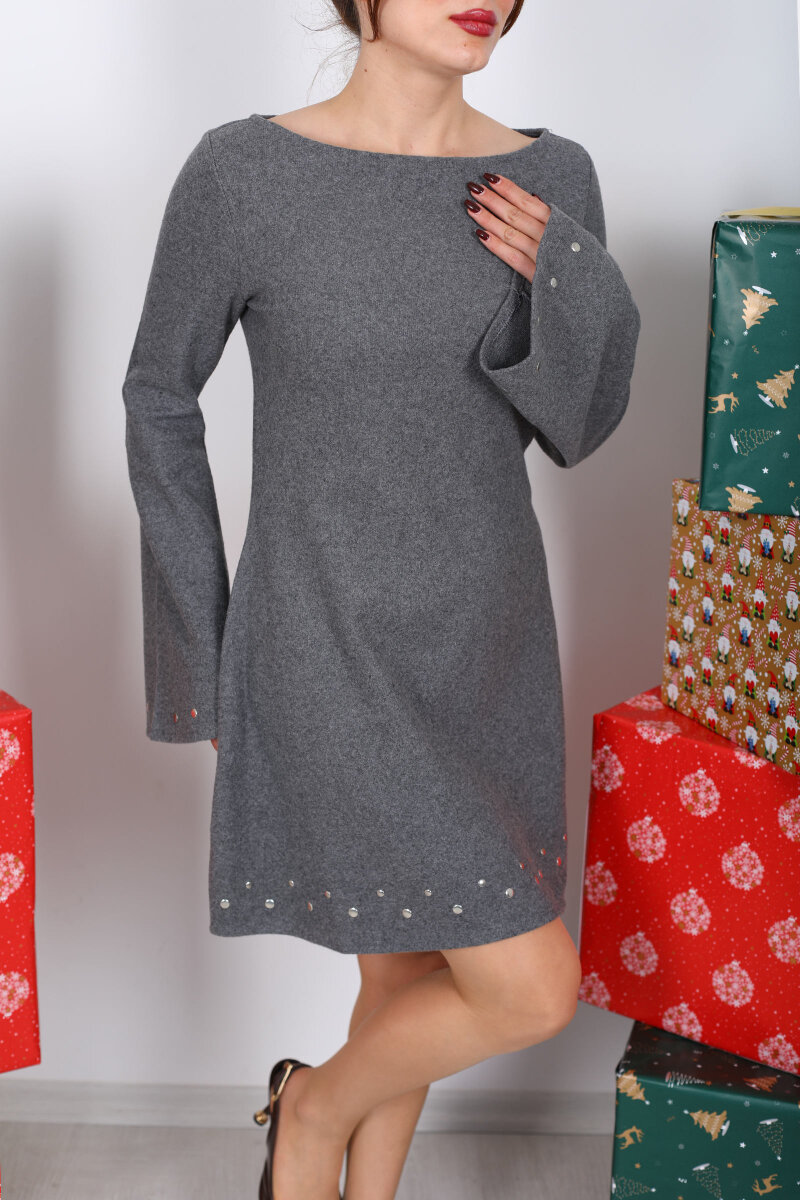 İspanyol Kol Taş Detaylı Füme Kadın Elbise - 2