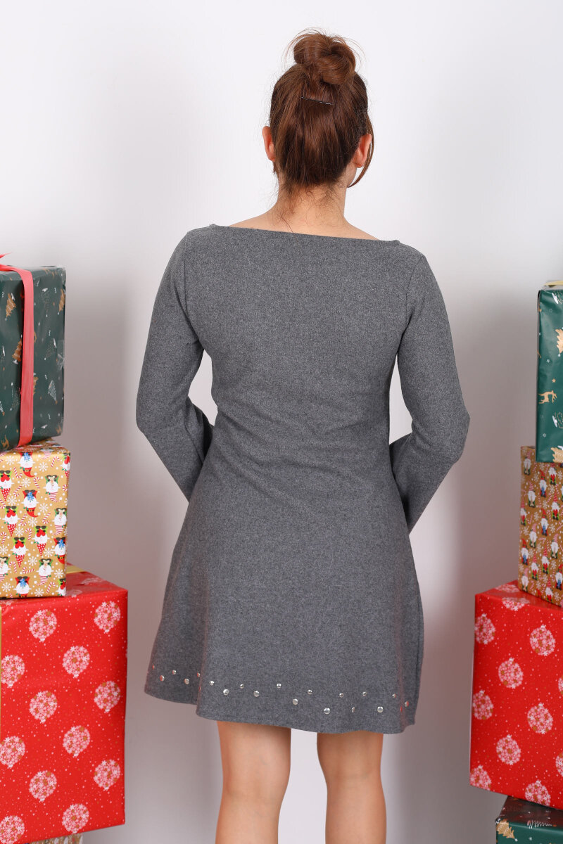 İspanyol Kol Taş Detaylı Füme Kadın Elbise - 6