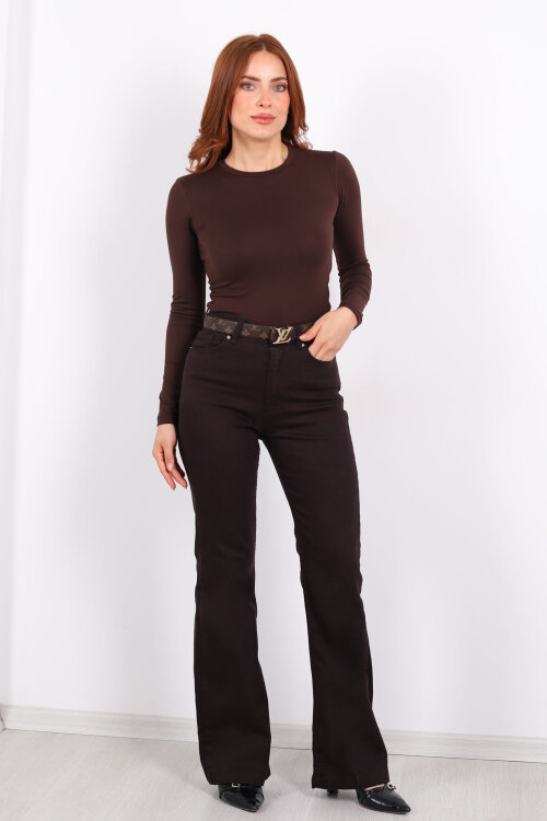 İspanyol Paça Likralı Acı Kahve Kadın Jean Pantolon - 6