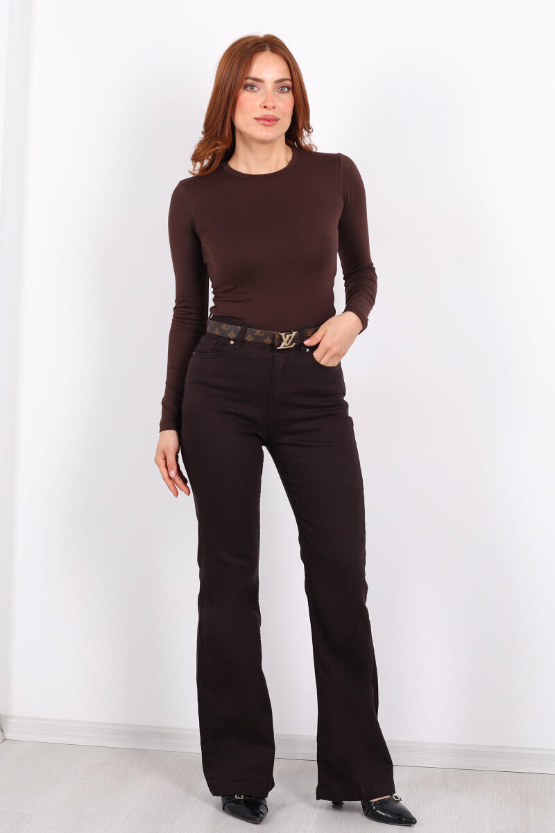 İspanyol Paça Likralı Acı Kahve Kadın Jean Pantolon - 6