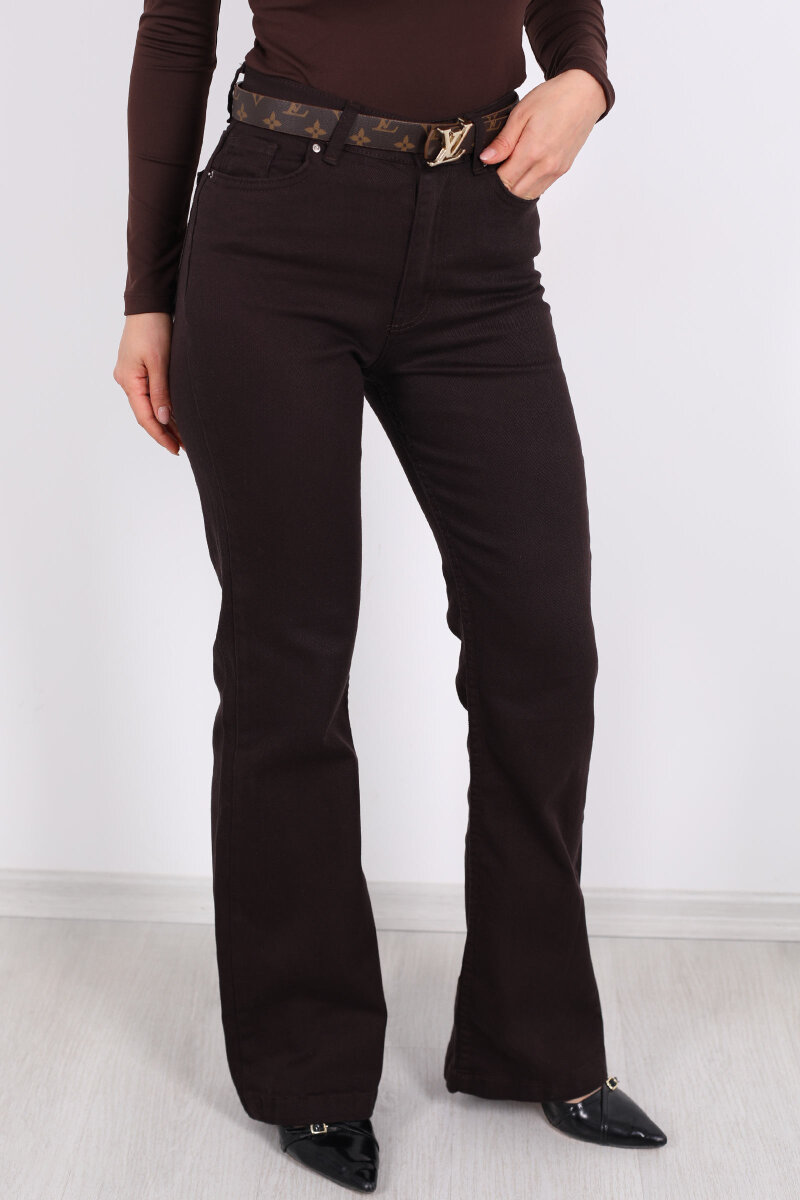 İspanyol Paça Likralı Acı Kahve Kadın Jean Pantolon - 2