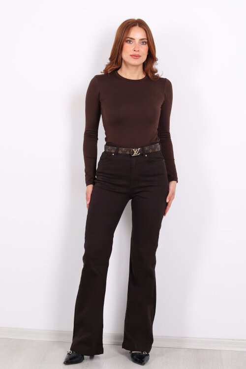 İspanyol Paça Likralı Acı Kahve Kadın Jean Pantolon - 4