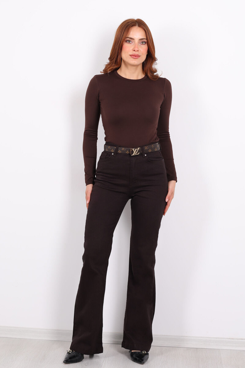 İspanyol Paça Likralı Acı Kahve Kadın Jean Pantolon - 4