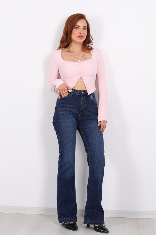 İspanyol Paça Likralı Koyu Mavi Yıkama Kadın Jean Pantolon - 4