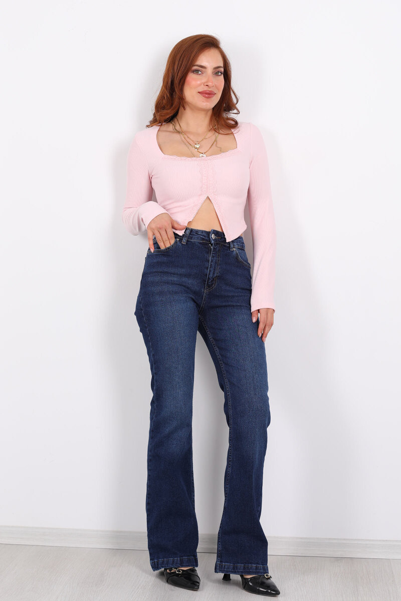 İspanyol Paça Likralı Koyu Mavi Yıkama Kadın Jean Pantolon - 4