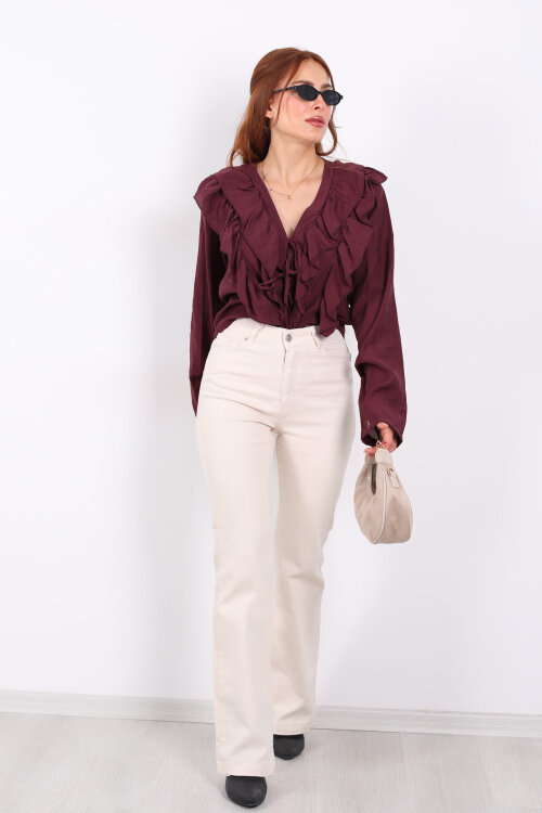 İspanyol Paça Likralı Krem Kadın Jean Pantolon - 6