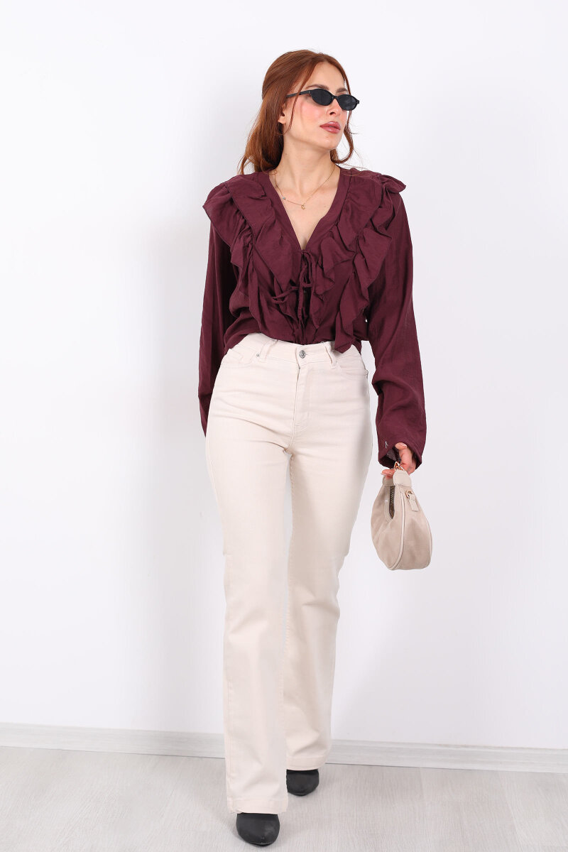 İspanyol Paça Likralı Krem Kadın Jean Pantolon - 6