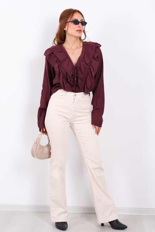 İspanyol Paça Likralı Krem Kadın Jean Pantolon - 3