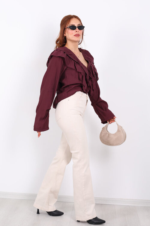 İspanyol Paça Likralı Krem Kadın Jean Pantolon - 4