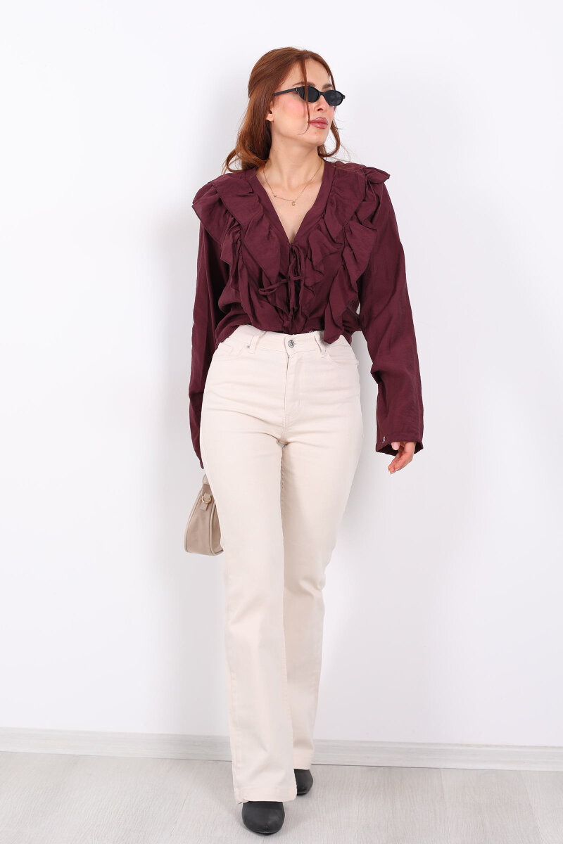 İspanyol Paça Likralı Krem Kadın Jean Pantolon - 1