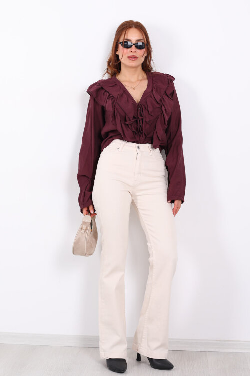 İspanyol Paça Likralı Krem Kadın Jean Pantolon - 7