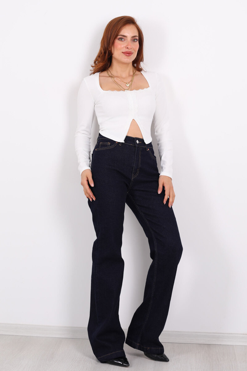 İspanyol Paça Likralı Raw Yıkama Kadın Jean Pantolon - 6