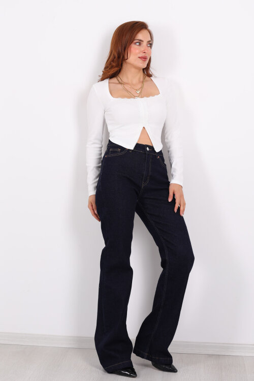 İspanyol Paça Likralı Raw Yıkama Kadın Jean Pantolon - 3