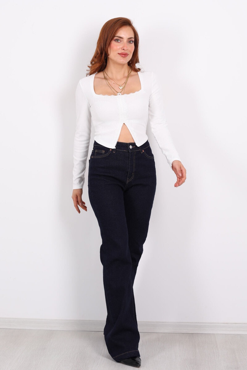 İspanyol Paça Likralı Raw Yıkama Kadın Jean Pantolon - 4