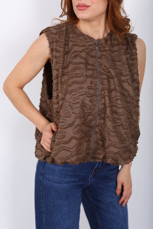 Jakarlı Kolsuz Balon Acı Kahve Kadın Yelek - Berox (1)