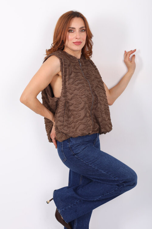 Jakarlı Kolsuz Balon Acı Kahve Kadın Yelek - Berox
