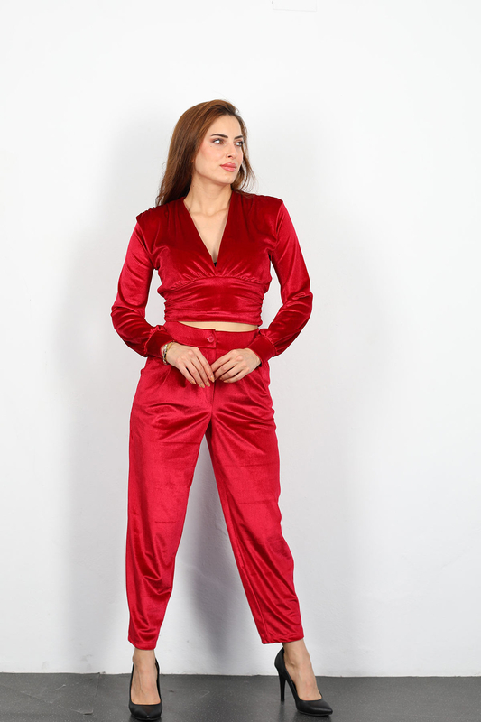 Jogger Kadın Kırmızı Kadife Pantolon - 3