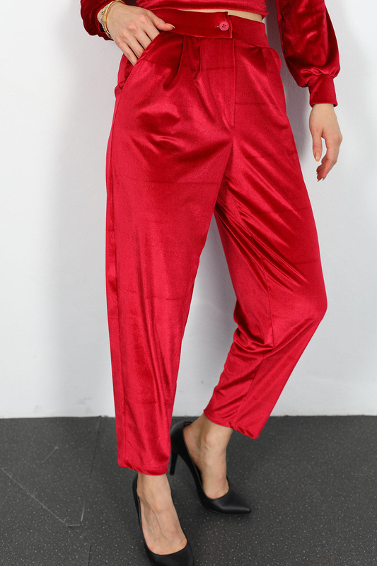 Jogger Kadın Kırmızı Kadife Pantolon - 2