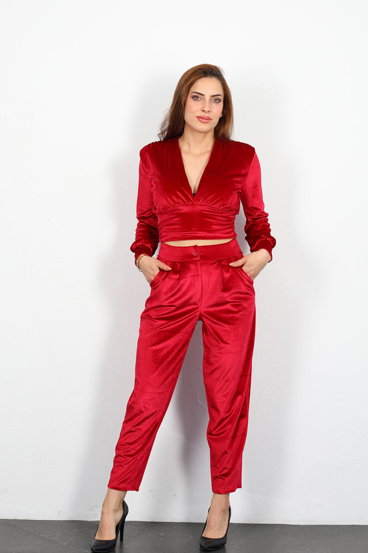 Jogger Kadın Kırmızı Kadife Pantolon - 1
