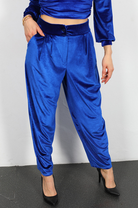 Jogger Kadın Saks Mavisi Kadife Pantolon - 4